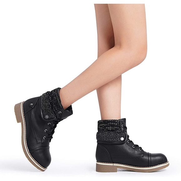 Lace Up Combat Boots Low Heel Winter Ankle Booties - Picture 1 of 7